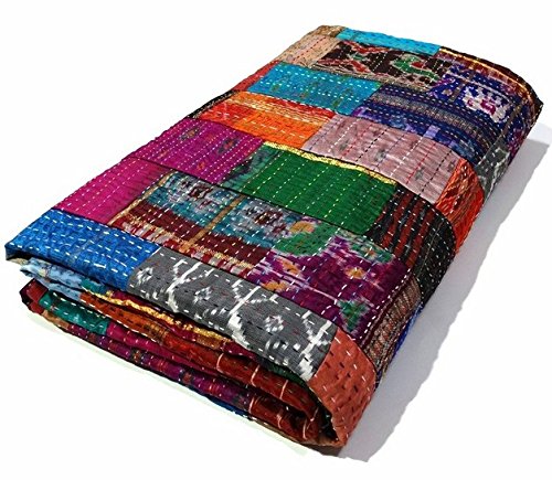 Manglam Arts - Colcha, seda, diseño Kantha Patola de patchwork, tamaño 228,6 x 274,32 cm, para cama doble tamaño queen