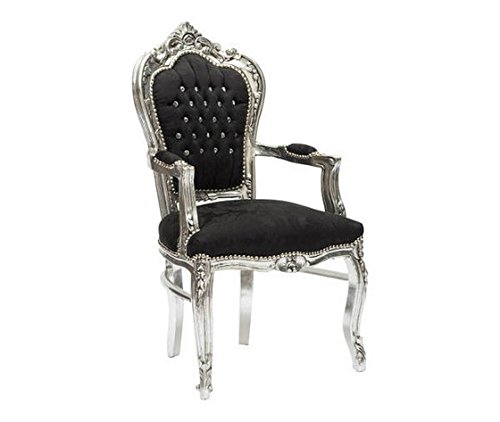 MAXIOCCASIONI Sillón plateado y negro estilo barroco, silla con reposabrazos Luigi XV