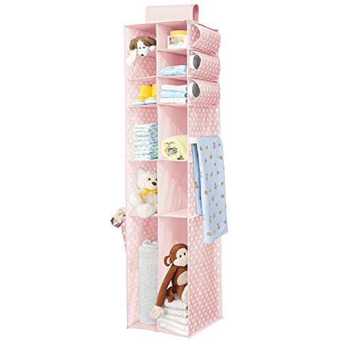 mDesign Organizador Colgante – Organizador para Ropa y Zapatos con 16 Compartimentos, Ideal para el Cuarto de los niños – Armario de Tela con Alegre diseño de Puntos – Rosa y Blanco