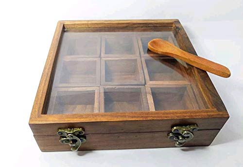 Metallic India Caja de especias con cuchara en madera para especias, contenedor de especias Masala, caja de almacenamiento para contenedores de madera