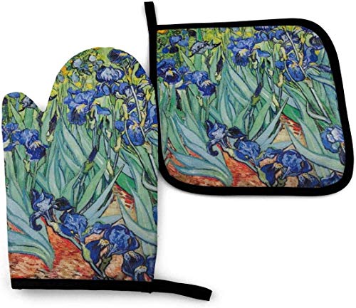 MODORSAN Protección Okapi Jirafas Juego de Manoplas y Soportes para ollas Juego de poliéster de Cocina Resistente al Calor para cocinar, Hornear, Asar a la Parrilla-Van Gogh Irises