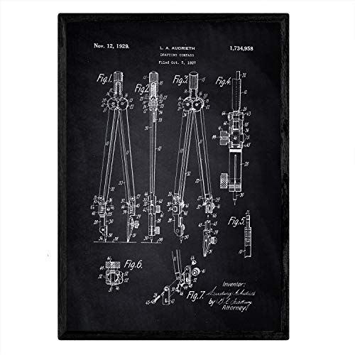 Nacnic Poster con patente de Compas. Lámina con diseño de patente antigua en tamaño A3 y con fondo negro