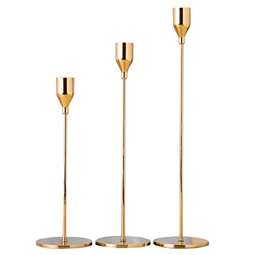 Nuptio 3 Piezas/Juego de Candelabros de Boda Comedor, Candelabro Cónico Central, Adornos de Mesa de Cena con Velas Doradas para Bodas de Fiesta (Latón Dorado)