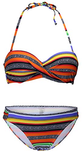 Ocean Plus Mujer Bandeau Bikini Acolchado Conjunto Sin Tirantes Raya Traje de Baño Push Up Ropa de Playa (L (EU 38-40), Rayas Amarillo Anaranjado)