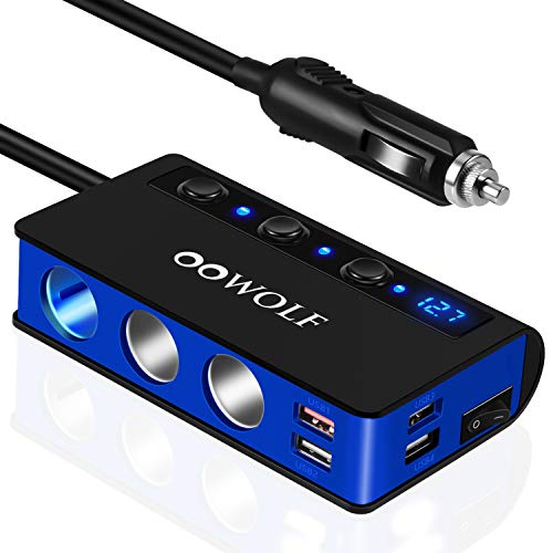 OOWOLF Adaptador De Encendedor De Cigarrillos, 3 Puertos Adaptador Cargador De Coche con Carga Rápida LED De Voltaje Digital para GPS, Dash CAM, Sat Nav, iPhone,Teléfono, iPad, Tableta, y etc