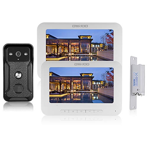 OWSOO 7 Pulgadas Videoportero, 2 Monitor Interior + 1 Cámara Exterior + Cerradura de Puerta Intercomunicador Soporte Audio Bidireccional, Visión Nocturna, Desbloqueo Remoto, Impermeable