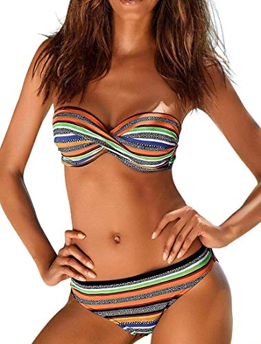 PANOZON Bikinis Mujer 2020 Traje de Baño Sexy Cuello Halter Acolchado Bañador para Piscina Césped Verano (L, Rayas Naranjas)