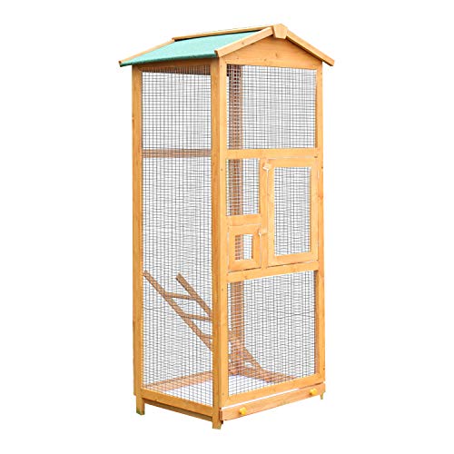 Pawhut Jaula para Pájaros Grande Pajarera de Madera de Pino con 2 Puertas Bandeja Extraíble y Techo Asfáltico 68x63x165 cm