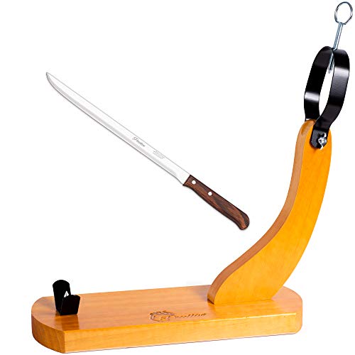 PECELLÍN Soporte Jamonero + Cuchillo ARCOS 25 cm para Cortar Pata y Paleta de Jamon Serrano e Iberico Base de Corte