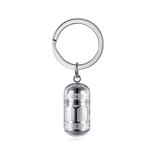 PiercingJak - Llavero pastillero con colgante budista, mantra urna, cenizas funerarias, botella, tubo de Recipiente, para abrir, llavero, estuche, acero inoxidable, regalo para mujer y hombre