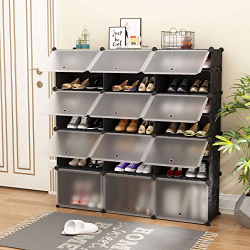 PREMAG Torre portátil para Organizador de Almacenamiento de Calzado, Negra con Puertas Transparentes, estantería Modular para Ahorro de Espacio, estantería para Zapatos, Botas, Pantuflas 3 * 5