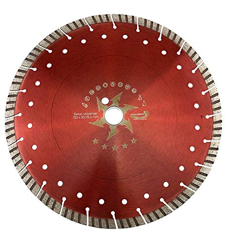 PRODIAMANT Disco de corte de diamante de alta calidad para hormigón turbo 350 mm x 25,4 mm, disco de corte de diamante, 350 mm, concave turbo universal de 14 mm, segmento de diamante turbo