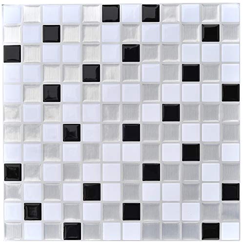 profesticker Vinilo Azulejo Adhesivo Cenefa Adhesiva 3D Auto-Adhesivo Pegatina Pared Baldosa Revestimiento Border Decorativo Impermeable Cocina Baño (Mosaico Negro-Plateado-Blanco, 4)