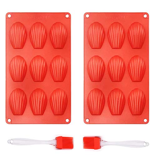 Queta 2 Moldes Silicona Magdalenas Molde de Madeleine Estriado Moldes para Hornear de 9 cavidades Resistentes a Altas temperaturas para Pastels Galletas Chocolate y Caramelo + 2 Pinceles de Aceite