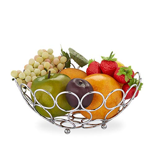 Relaxdays 10030056 - Frutero de diseño moderno de pie para frutas, verduras, pan, redondo, cesta de frutas, metal, 9 x 22,5 cm, color plateado y acero
