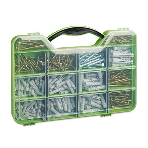 Relaxdays Caja Tornillos Tacos, Set Tornillos Madera, Hexagonales y Tacos, 14 Compartimentos, Plástico, Verde