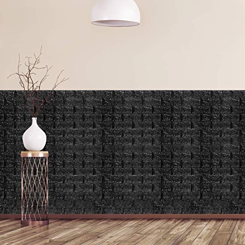 relaxdays Paneles Pared Autoadhesivos, Pack 10 Unidades, Imitación Ladrillo 3D, Espuma de Polietileno, 78x70cm, Negro, 78x70 cm