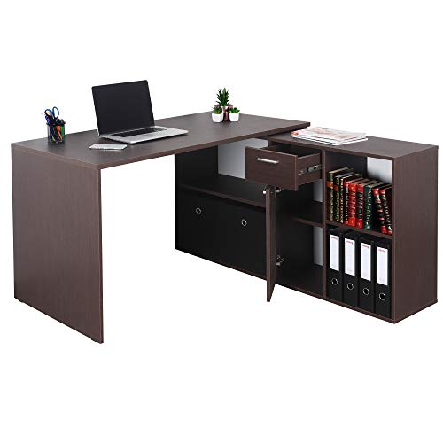 RICOO WM081-FM Escritorio esquinero Mesa Ordenador Esquina Organizador Oficina Muebles de hogar Buro rinconera PC Gaming Madera Marron