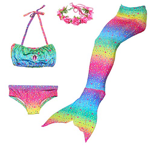 Romance Zone Cola de Sirena para Natación 4pcs Traje de Baño Mermaid Bikini Establece Disfraz de Sirena para Niña Princesa Cosplay Conjuntos con Diadema de Flores