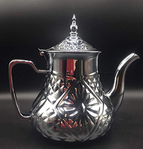 SL Tetera árabe realizada en Acero Inoxidable- Tetera de inducción con Filtro Integrado y asa Auténtica Tradicional Modelo Grabado con Diseño Clásico Arabe (PLATA-36OZ)