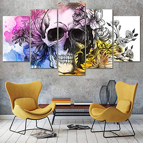 SMXSSJT 5 Paneles Pintura del Arte Calavera De Flores Decoración De Pared para Sala De Estar Pintura Artística Cuadros Lienzo Impreso Cartel Cartel.30X60Cm*2/30X70Cm*2/30X80Cm*1(Sin Marco)