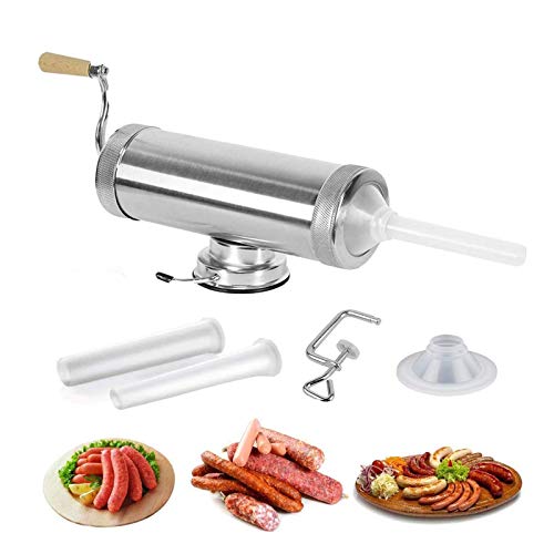 Songlela Máquina de Salchichas, Embutidos Manual 3L Salchicha de Acero Inoxidable Stuffer Fabricante de Carne de Relleno de La Máquina Embutidor de Salchichas con 3 Tubos de Llenado Perrito Caliente