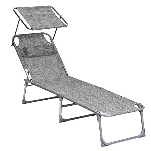 SONGMICS Tumbona, Tumbona Reclinable, con Reposacabezas, Respaldo y Parasol Reclinables, Ligera, Plegable, 53 x 193 x 29,5 cm, Carga 150 kg, para el Jardín, Beige Grisáceo GCB19T