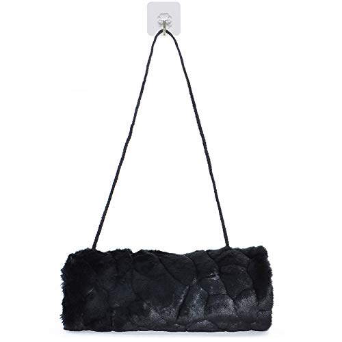 SwirlColor Manguitos Mujer, Faux Fur Hand Muff of Strap Pocket Calentador de Manos Negro para Adulto Niños 1 Pieza, con Gancho Transparente 1 Pieza