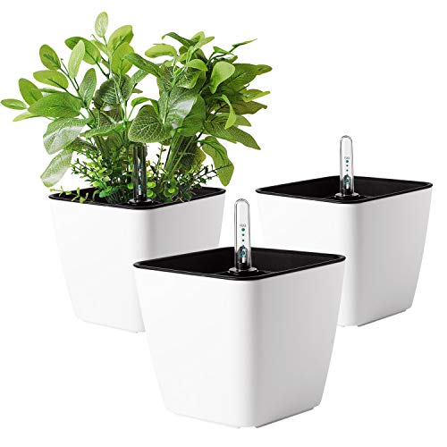 T4U 13CM Auto Riego Plantador Blanco Cuadrada Paquete de 3, Maceta para Interiores al Aire Libre Jardines de Windowsill Planta Decorativa para Flores Hierbas