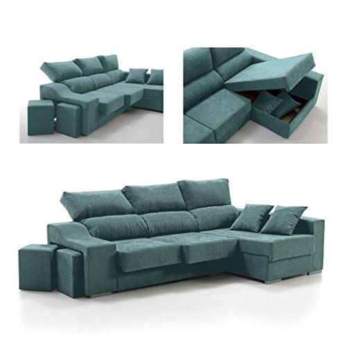 Tanuk Sofá Chaise Longue 4 Plazas Turquesa Sultan Derecha 260x150 Asientos Extensibles Arcón y 2 Puffs Desenfundable Sistema de Limpieza ACUALINE (Envío y Subida a Domicilio Incluidos)