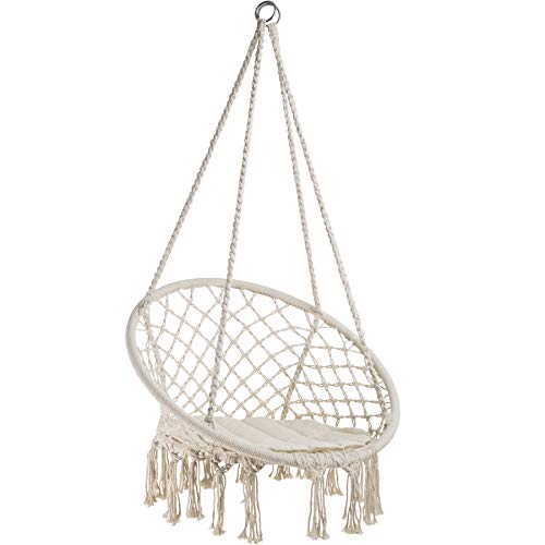 TecTake 800689 - Silla Colgante, Hamaca con Cojín, Estructura de Acero, Ideal para Jardín Exterior Terraza (Beige | No. 403117)