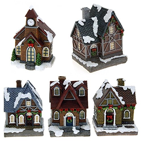 ToCi - Pueblo navideño iluminado con 5 casas, iluminación LED, decoración de Navidad, decoración para la ventana, funciona con pilas