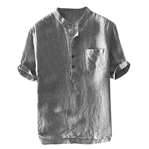 TUDUZ Camisetas Hombre Manga Corta Camisas de Algodón y Lino a Rayas Botón con Bolsillo Superior Top Ropa de Cuello V (Gris L)