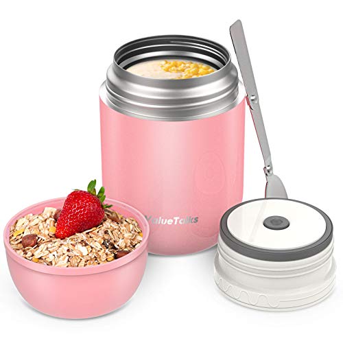 ValueTalks Termo para Alimentos 450ml Tarro de Comida Acero Inoxidable Aislado al Vacío Frasco con una Cuchara Plegable para Adultos Niños y Bebés(Rosa)