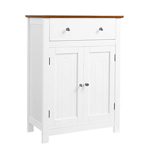 VASAGLE Armario para baño, Mueble de baño con cajón y balda Ajustable, con Estilo rústico, Madera, Blanco y marrón, 60 x 30 x 80 cm BBC62WT