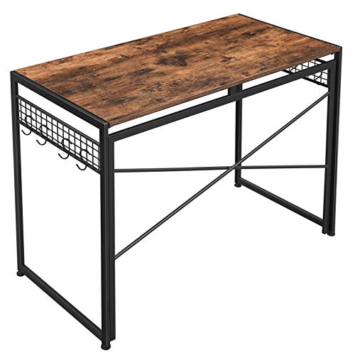 VASAGLE Escritorio, Escritorio Plegable, Mesa de Ordenador, Mesa con 8 Ganchos, sin Herramientas, Industrial, para Casa Oficina, Ordenador, Portátil, Marrón Rústico y Negro LWD42X