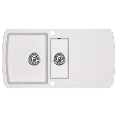 vidaXL Fregadero de Cocina de Granito con Dos Senos Lavabo Cocina Fontanería Piezas de Fontanería y Bricolaje Pileta Escurreplatos Granito Blanco