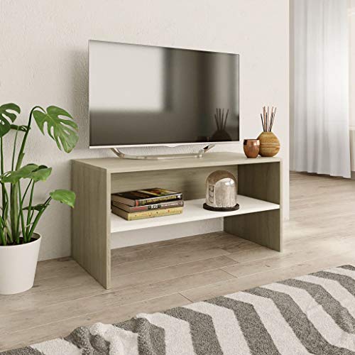 vidaXL Mueble TV Estante Mesa Baja Televisión Aparador Televisor Módulo Diseño Simple Compartimento Comedor Salón Cuarto Aglomerado Blanco Color Roble Sonoma