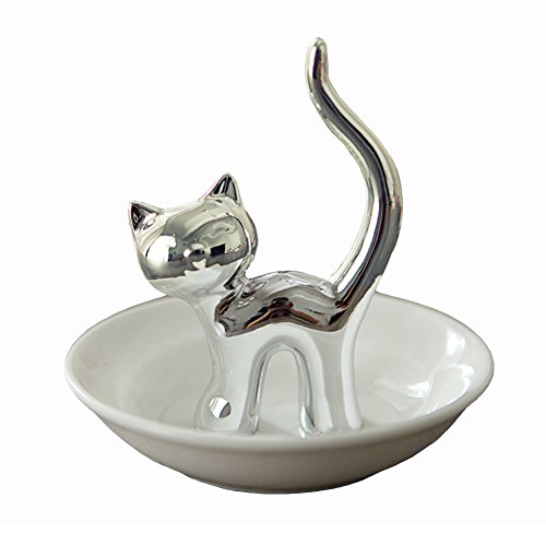 WAYER Gato joyería Soporte, Exhibición Joyas Porta Anillos Sostenedores del Anillo de Cobre Cerámica Adorable Gato Cuarto de baño Porta Anillos-La Plata 10x10.5cm(4x4inch)