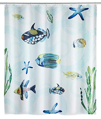 WENKO Cortina de ducha Aquaria - lavable, impermeable, con 12 anillos para cortina de ducha, Poliéster, 180 x 200 cm, Multicolor
