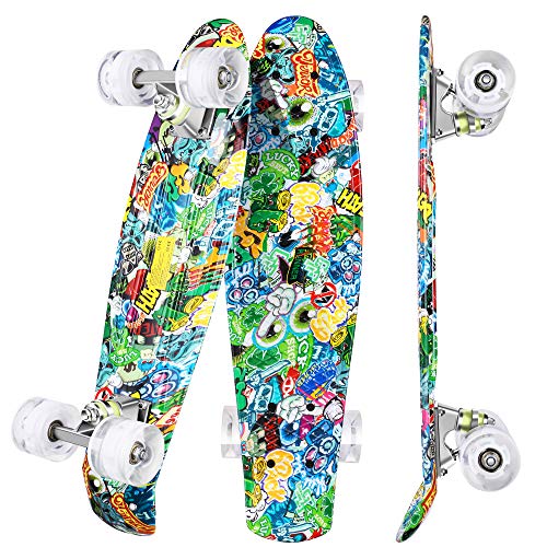 WeSkate Mini Cruiser Skateboard Retro Full Board 22 "55cm Vintage Skateboard con borde de plástico Cruiser Board con PU Flash Wheel Bearing ABEC-7 para adultos, niños, niñas