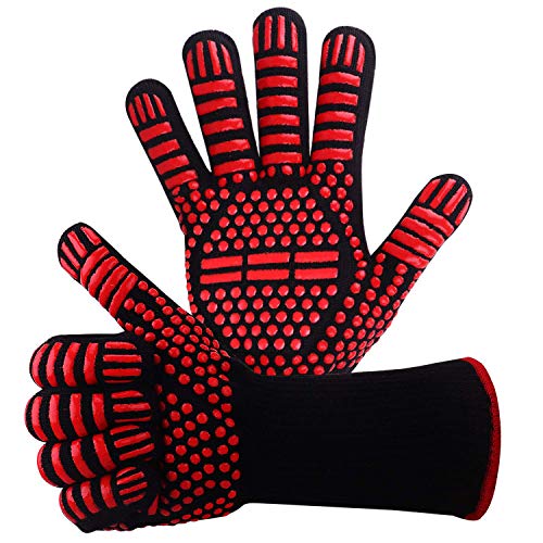 WIN.MAX Guantes de Barbacoa Horno Mitt Protección para Las Manos de Asar a la Parrilla,Incendios,Horno de microondas y Otros Trabajos en la Cocina,EN407 Protege hasta 1472 ° F 800 ° C (1 par) (Rojo)