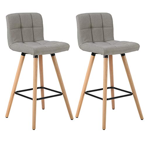 WOLTU 2X Taburete de Bar con Respaldo, Marco de Madera Asiento de Lino Muebles Cocina Taburete Alto para Cocina, Bar, Paquete de 2 Unidades Gris Claro