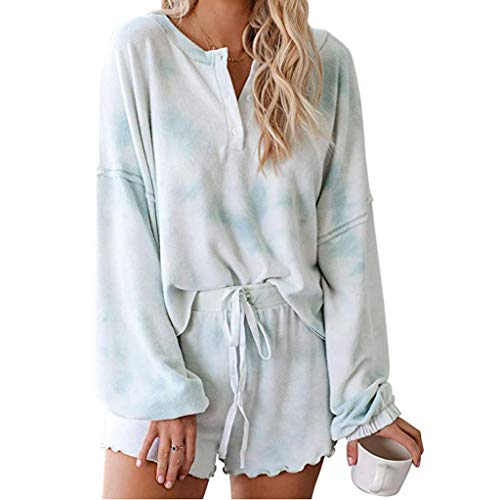 YANFANG Conjunto de Pijama para Mujer, Pantalones Cortos con Estampado Tie-Dye para Mujer Tops de Manga Larga Conjunto de Pijamas de 2 Piezas Ropa de Dormir