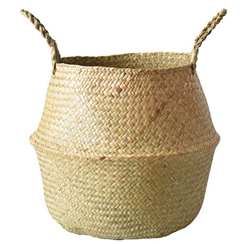 YY Macetero de algas marinas, cesta de paja para flores, cesta para la ropa sucia, cesta de almacenamiento plegable grande con asa, para habitación infantil o baño (A# 35 cm x 32 cm)