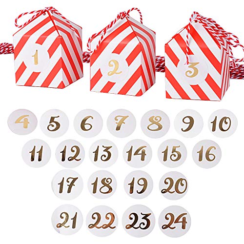 24pcs Cajas Cajitas Papel Cartón con 24 Cuerdas 24 Pegatinas Número Calendario de Adviento Caramelos Bombones Dulces Galletas Regalos Recuerdos Detalles Fiesta Navidad Boda Bautizo Cumpleaños