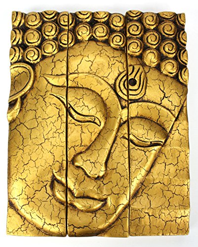 3-Parte Buda tailandes Panel de la Cara - Agrietado Acabado de Oro, Tallado en Madera