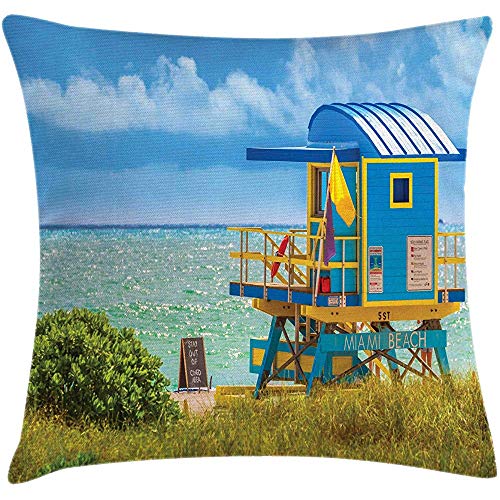 4 Piezas 18X18 Pulgadas Funda De Cojín De Almohada De Playa De Florida,Torre De Reloj De Madera Junto Al Mar,Relajante Destino De Vacaciones,Funda De Almohada Decorativa Cuadrada