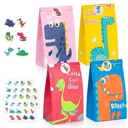 40 Pcs Bolsas de Fiesta Dinosaurios, ZWOOS Bolsa de Dulces de Dinosaurio Bolsas de Papel de Caramelos Bolsa de Regalo Cumpleaños Infantil con 48 Pegatinas para Fiesta, Los Reyes Magos, Golosinas