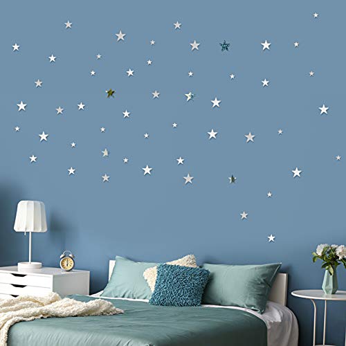 60 Pcs Pegatinas de Pared Estrella Espejo de Acrílico Adhesivos 3 Tamaños DIY Decoración Hogar para Sala de Estar Habitación Armario Pared de Dormitorio (Plateado) (Plateado)